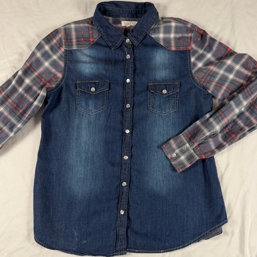 Womens Denim & Plaid Western Pearl Snap Long Sleeve Shirt Large Country Grunge